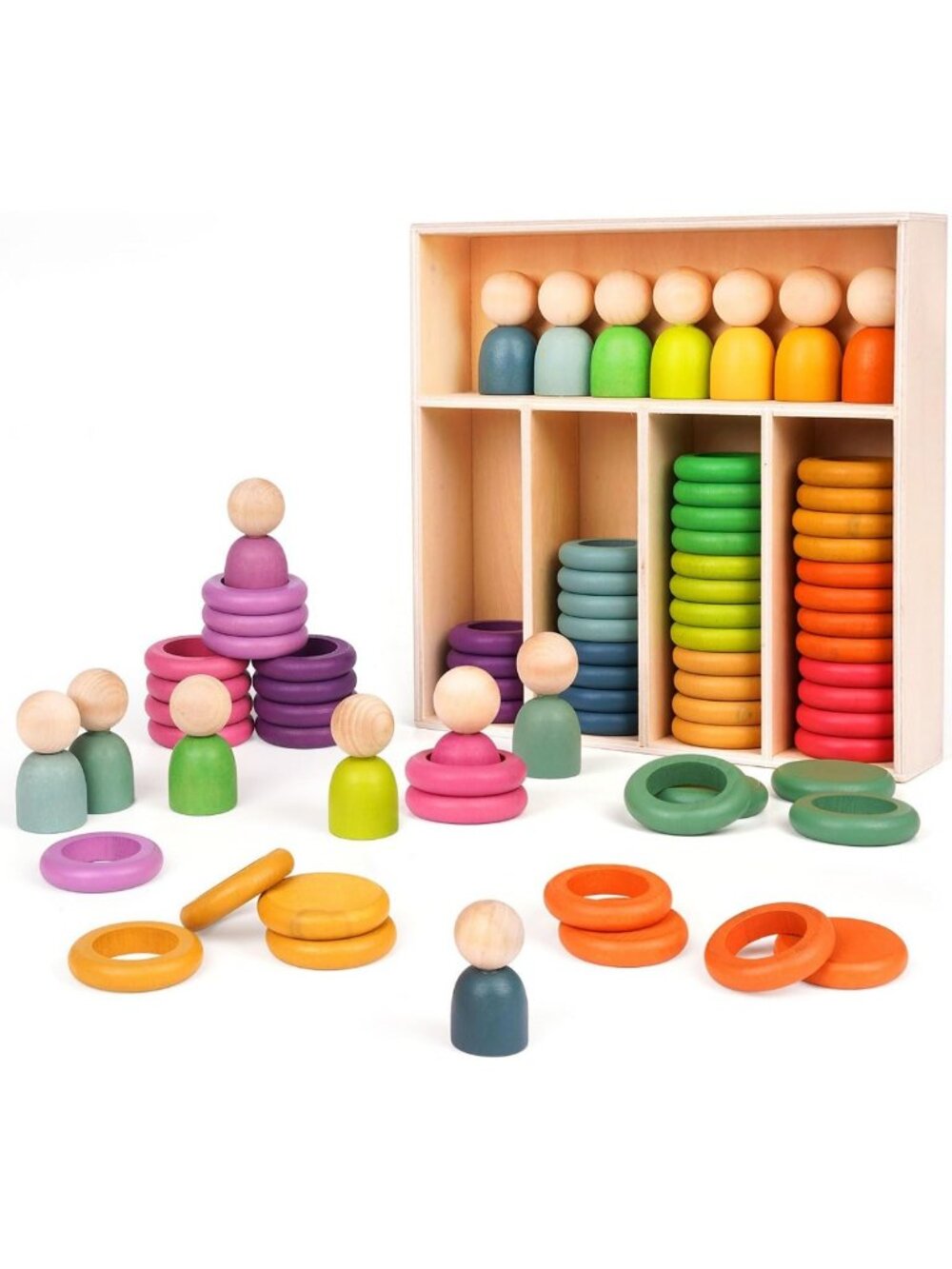Color Sorting Stacking Rings & Peg Dolls - Montessori Wooden Toys for Toddlers